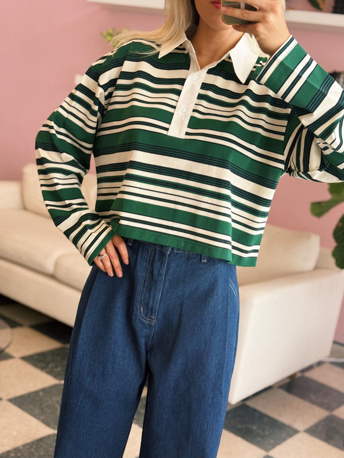 Striped Long Sleeve Collar Cropped Top