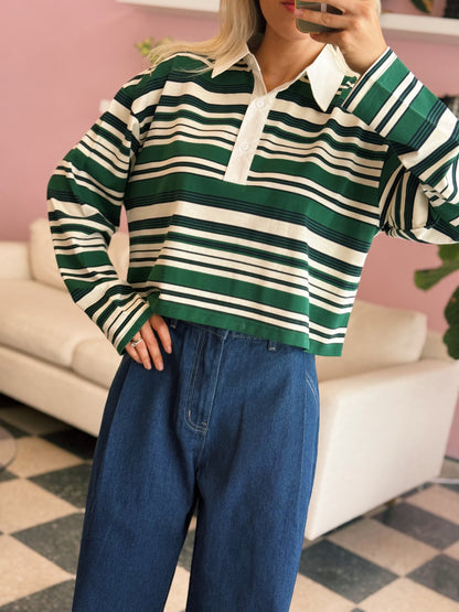 Striped Long Sleeve Collar Cropped Top