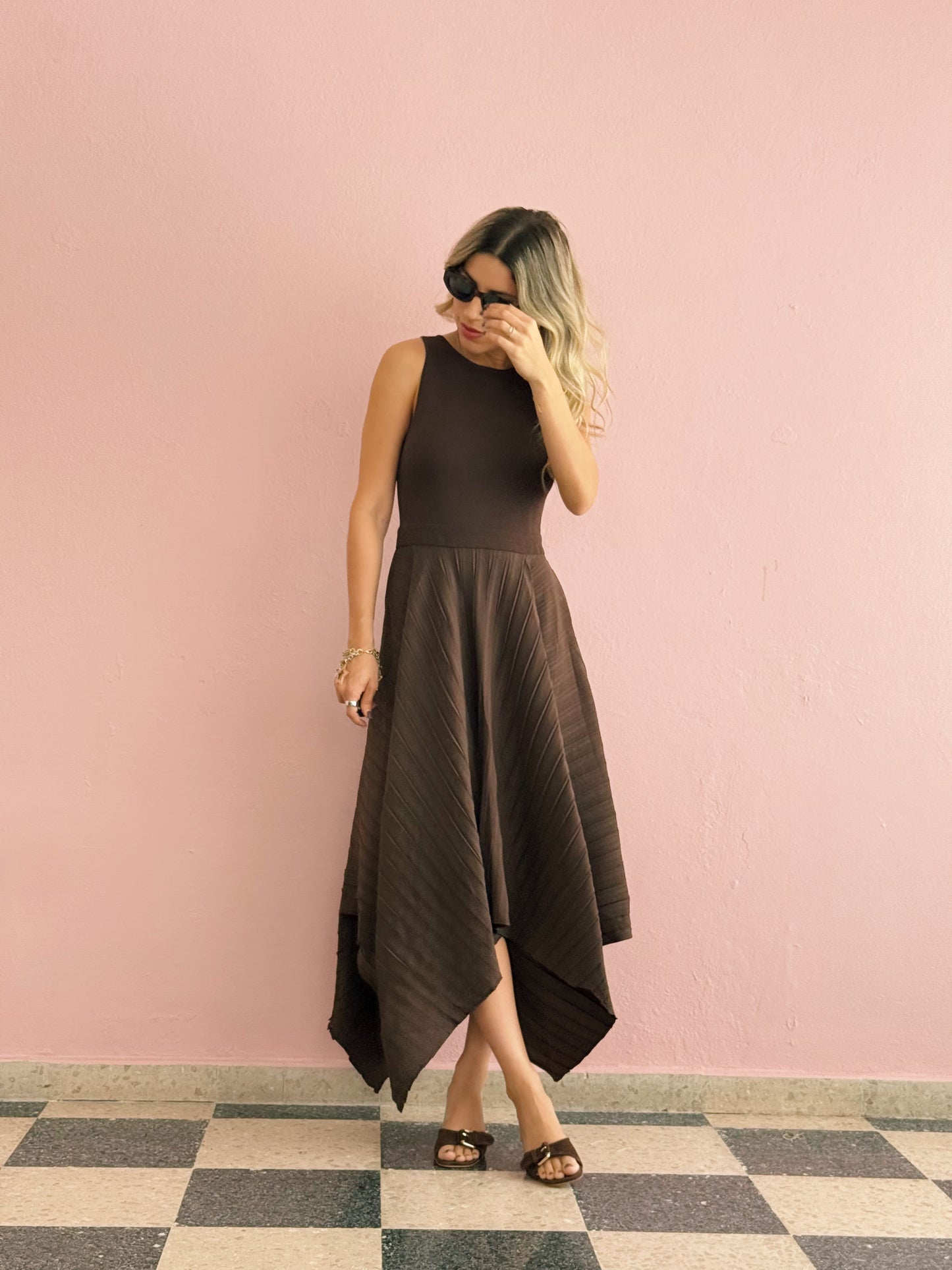 PRE ORDER (final sale/read description) Mocha Asymmetric Midi Dress
