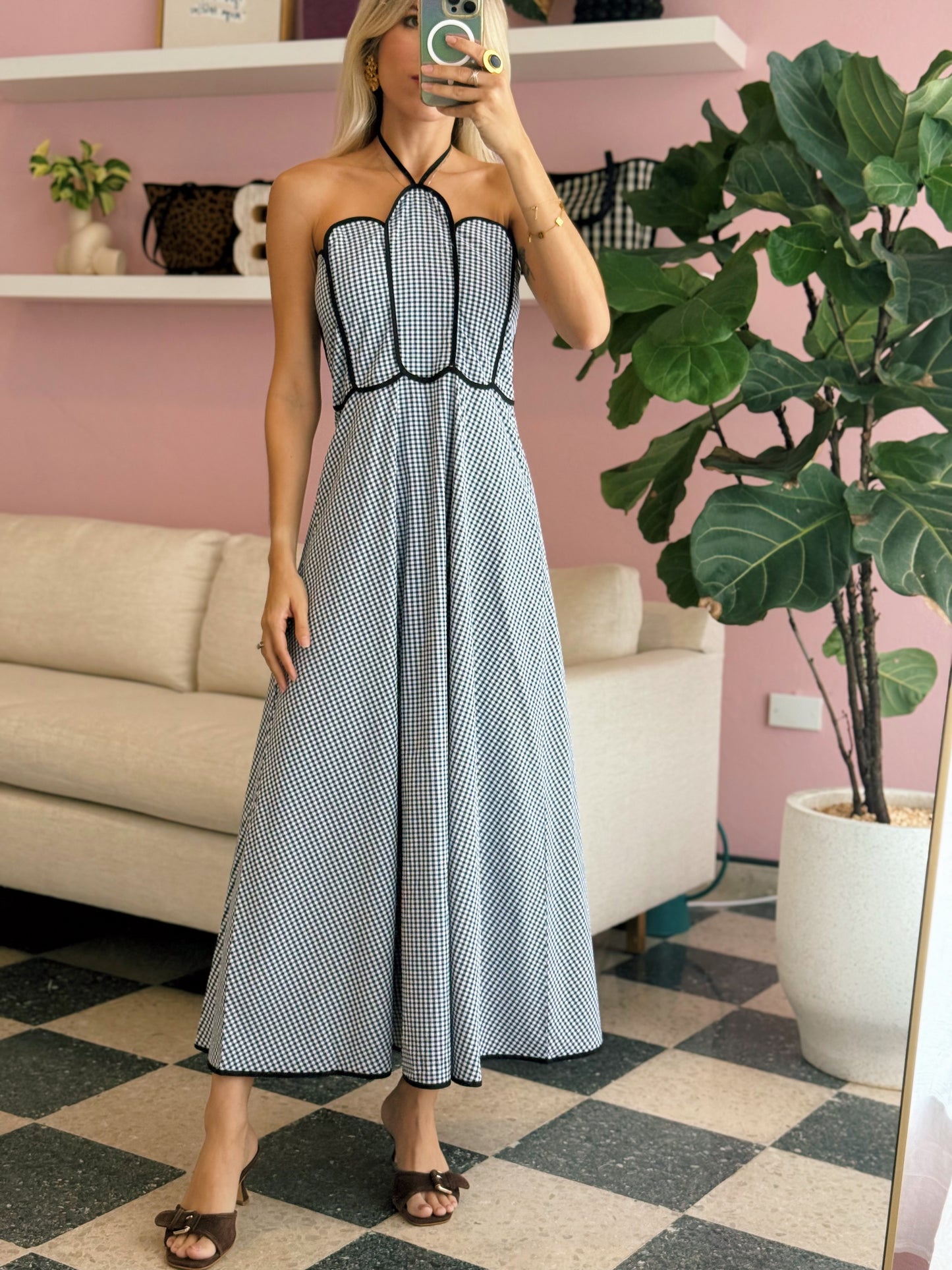 Shell Shape Halter Neck Gingham Dress