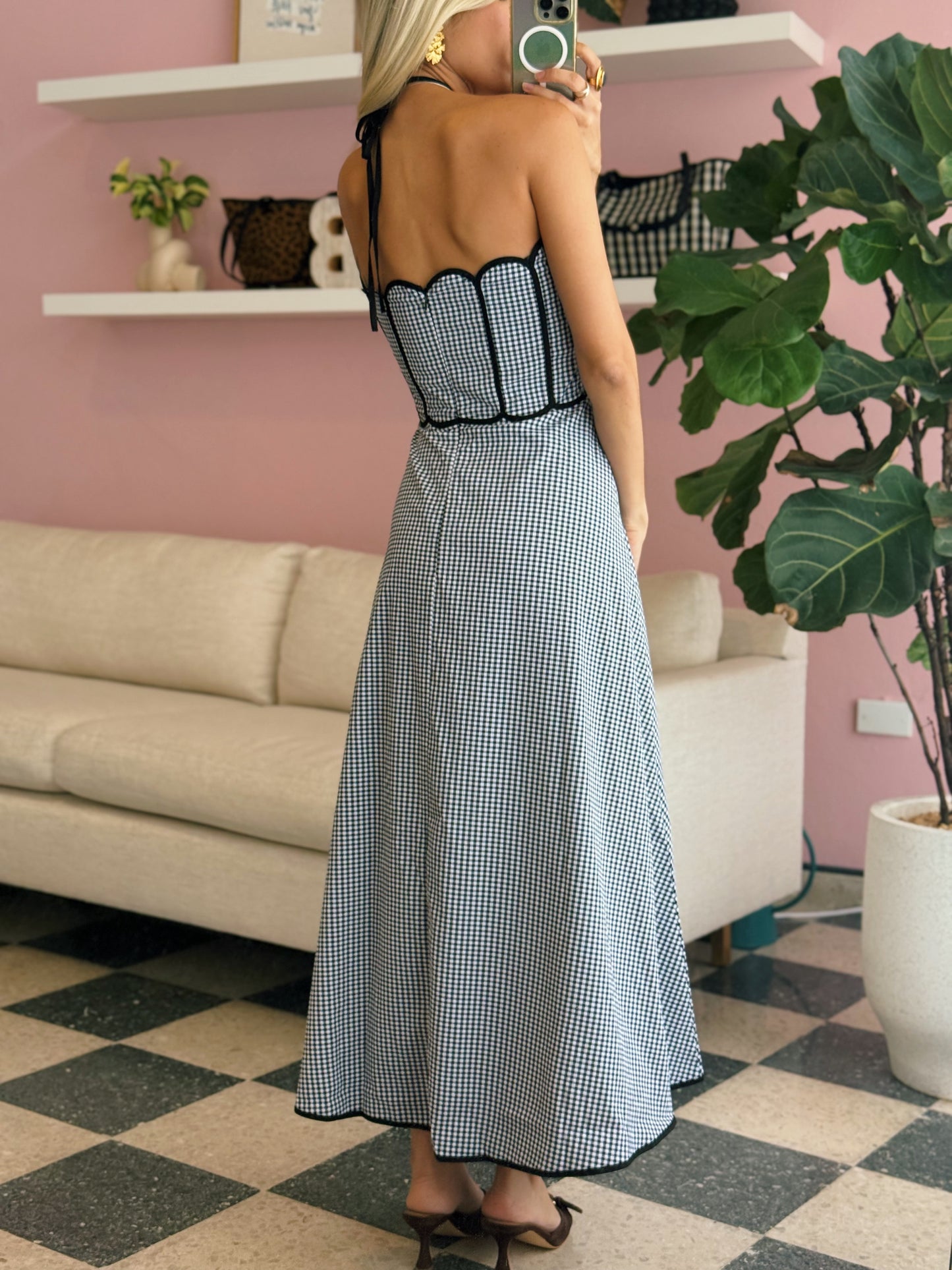 Shell Shape Halter Neck Gingham Dress