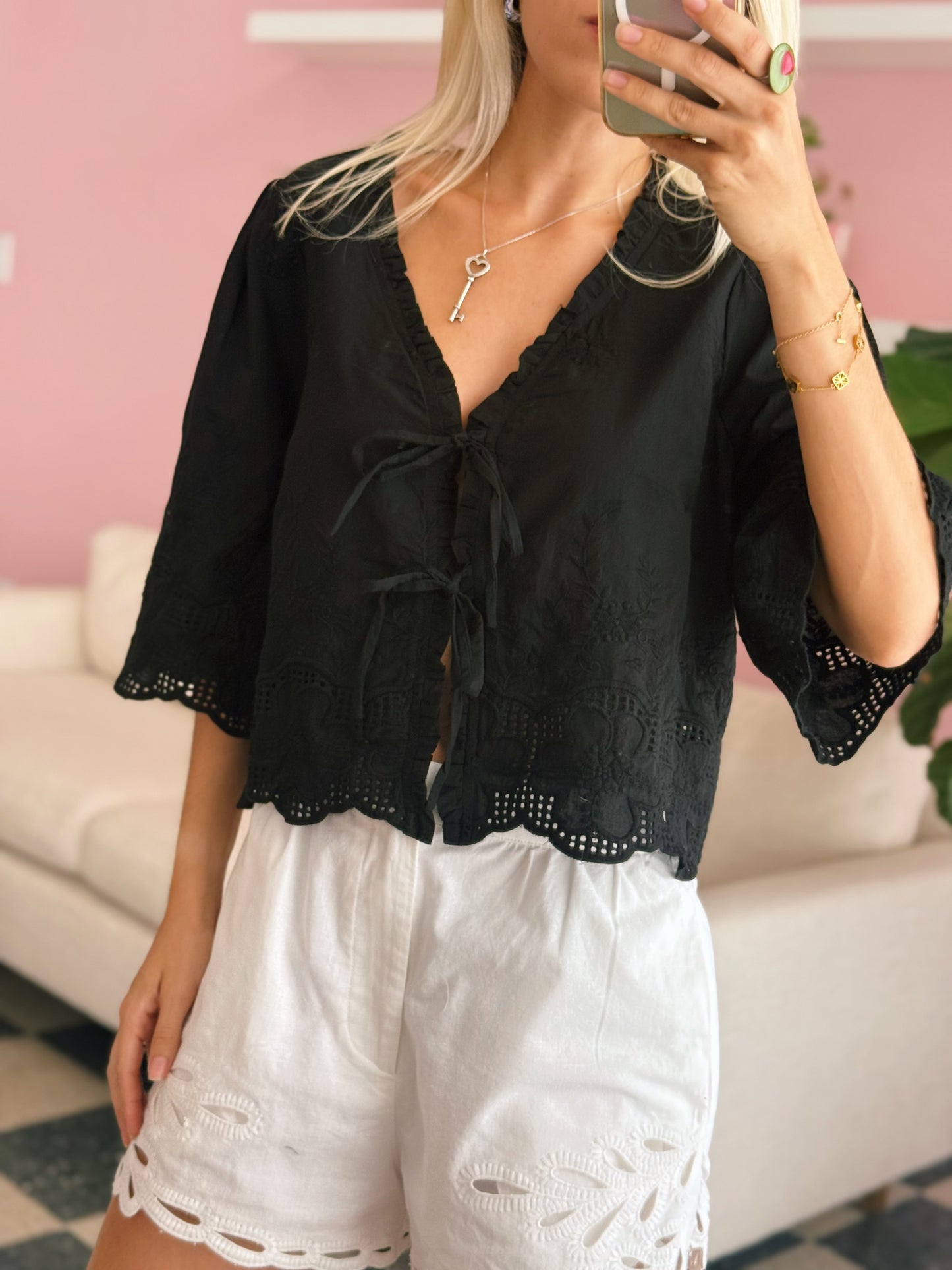 Black Floral Embroidery Blouse