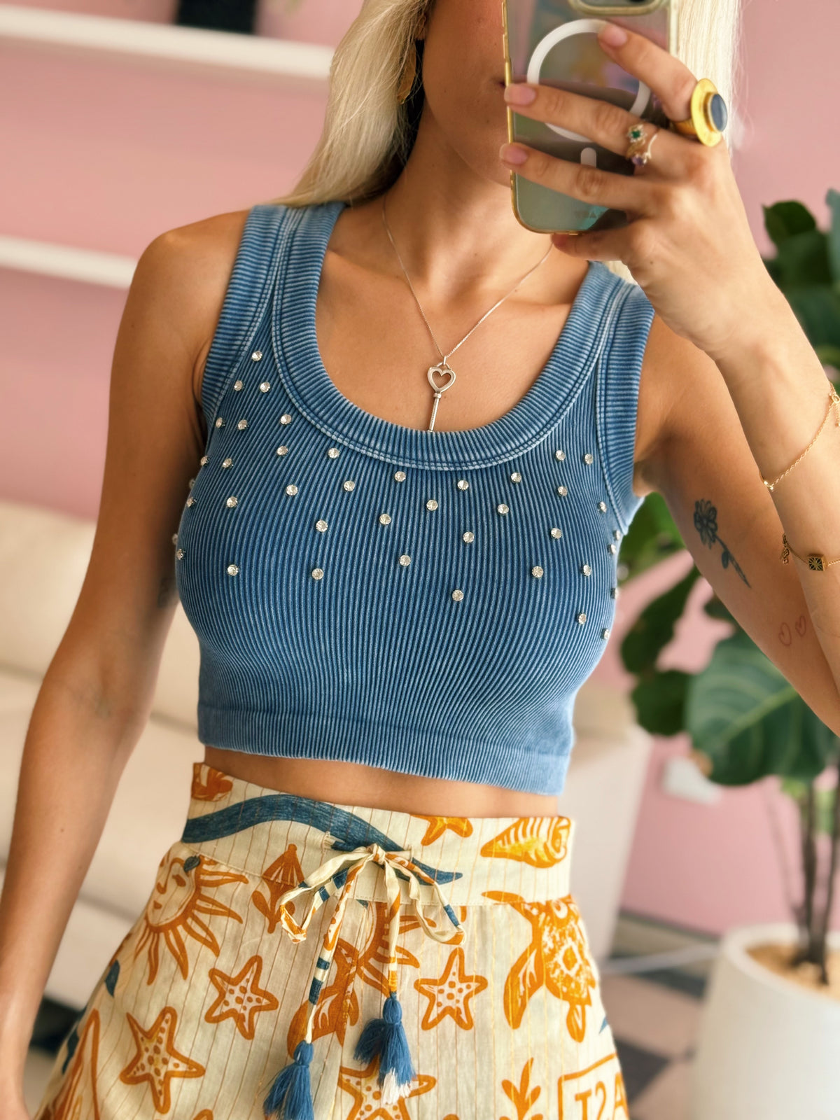 One Size Stone Blue Rhinestone Top