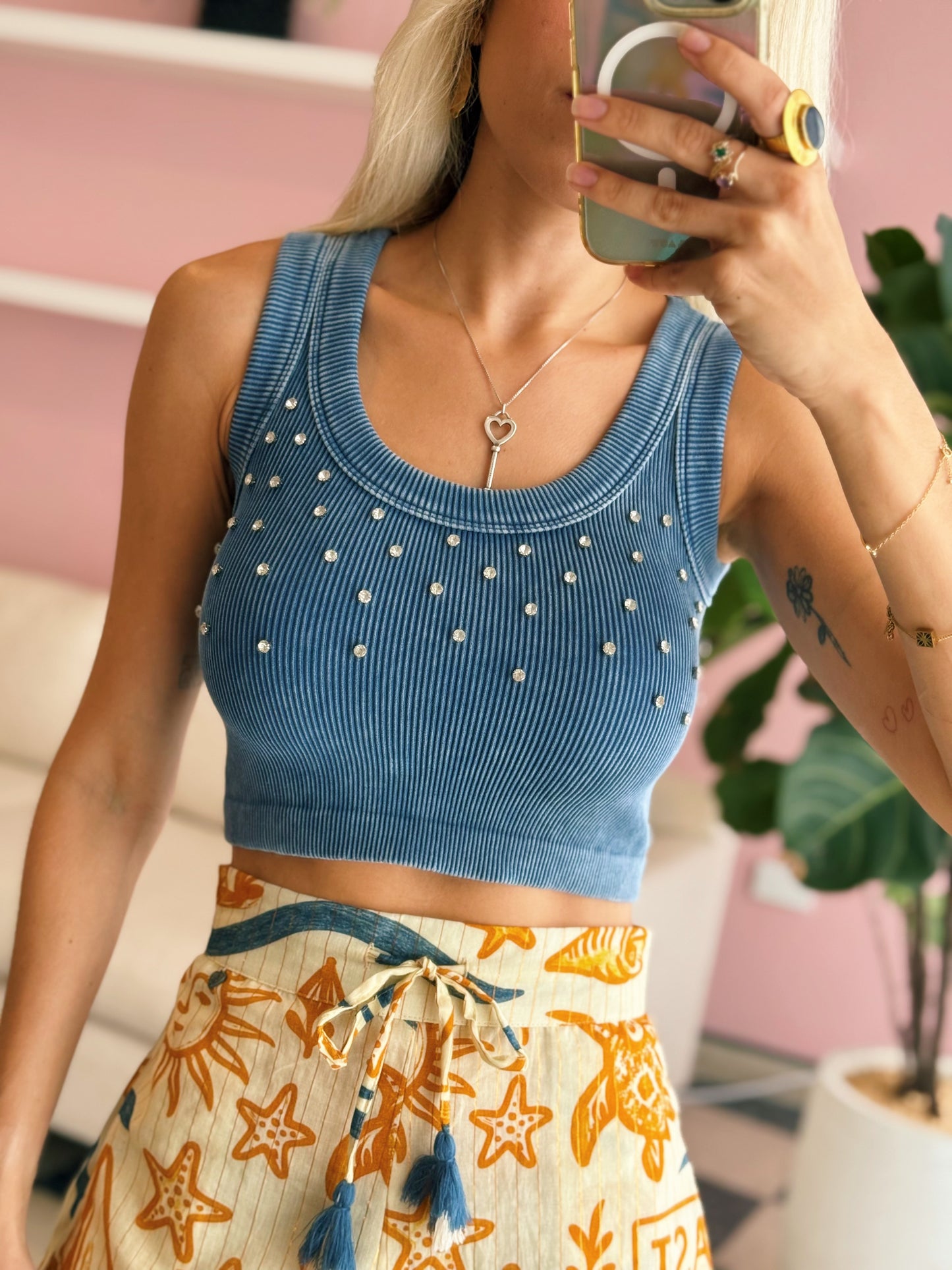 One Size Stone Blue Rhinestone Top