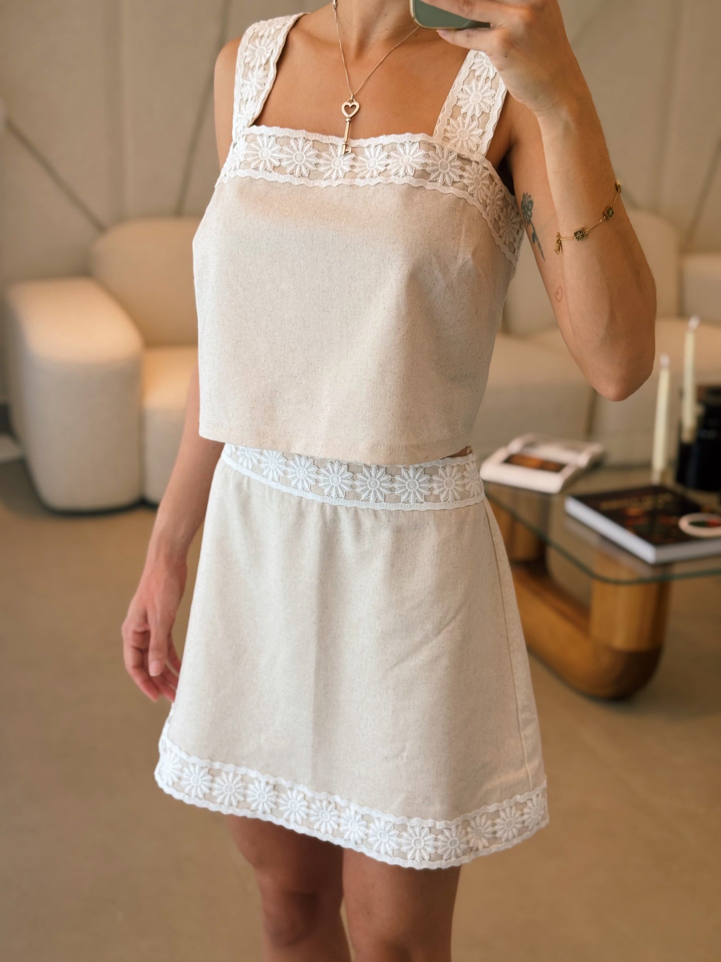 Contrast Floral Crochet Linen Skirt Set
