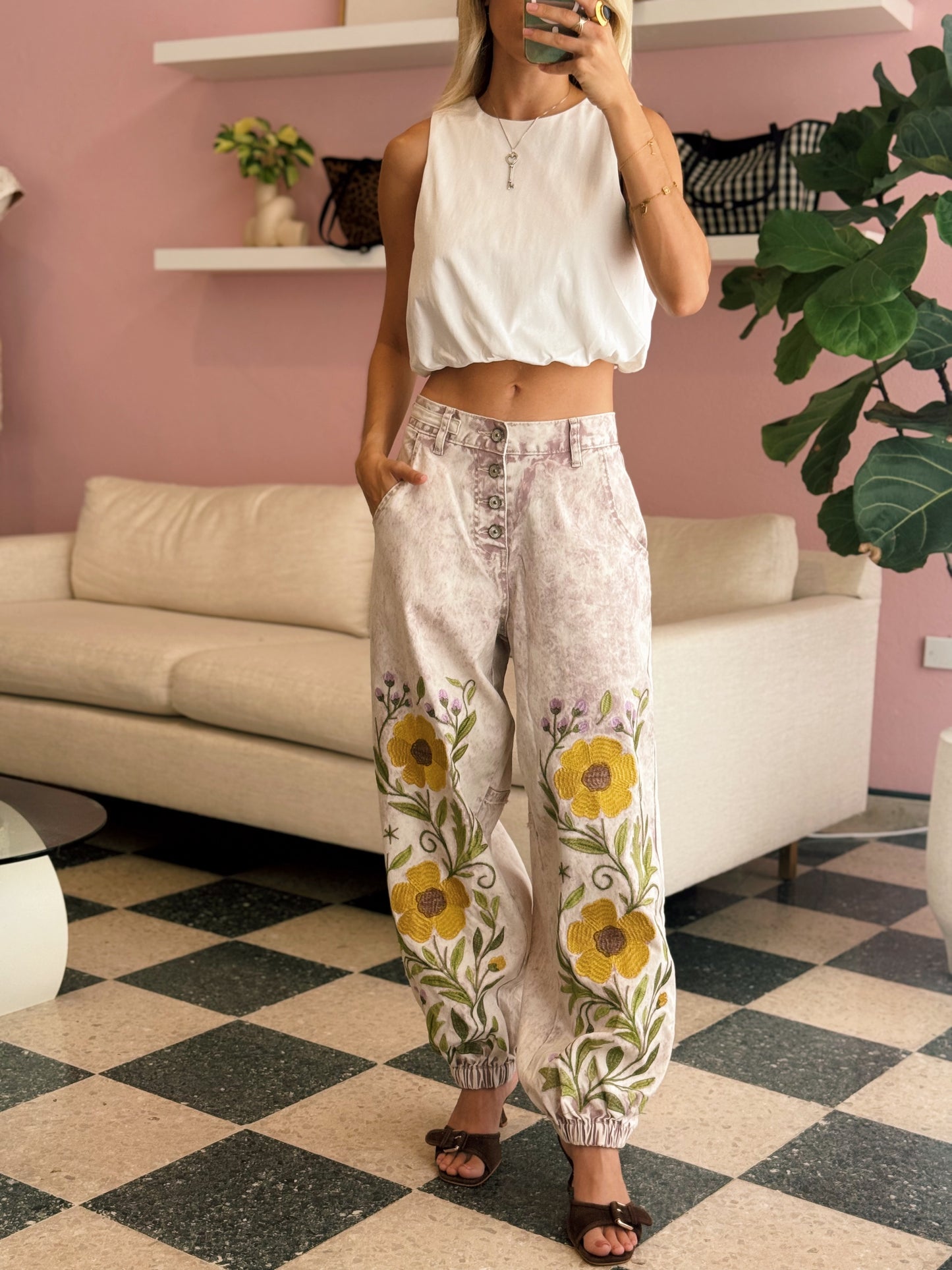 Embroidered Floral Jogger Jeans