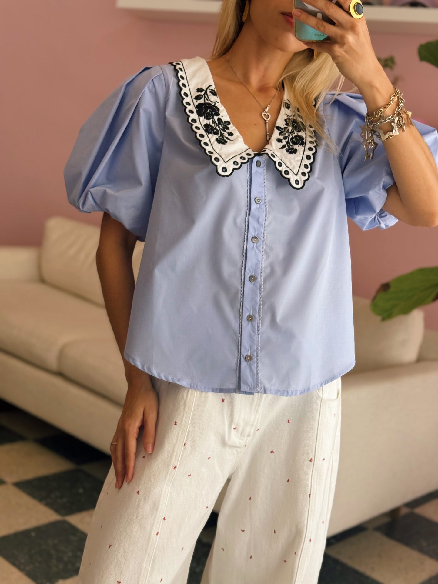 Chambray Embroidered Top