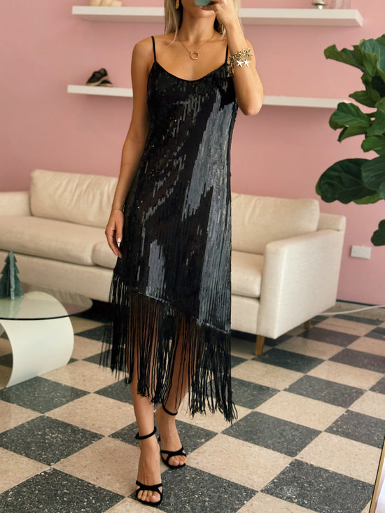 Black Sequin Fringed Dress