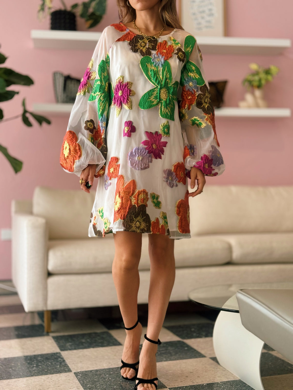 Bubble Sleeve Floral Organza Mini Dress