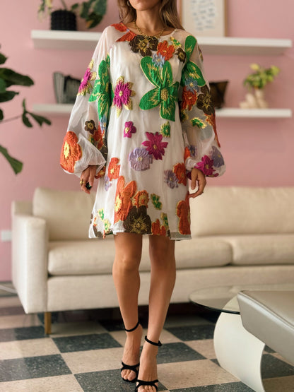 Bubble Sleeve Floral Organza Mini Dress