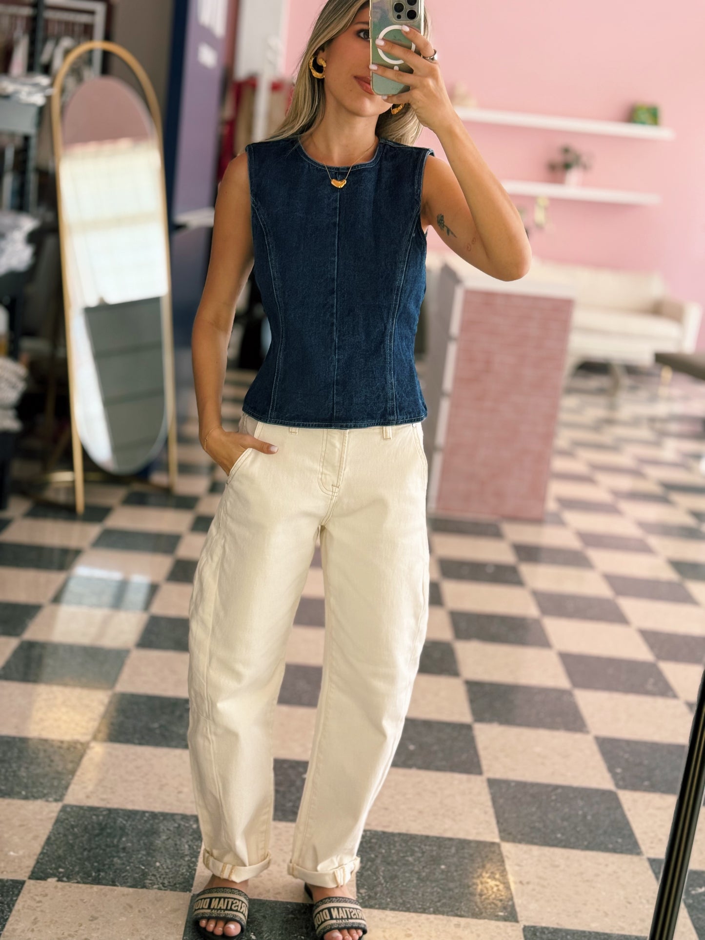 Open Back Tie Denim Top