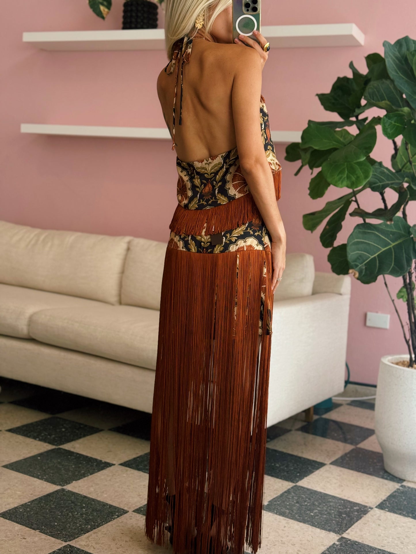 Satin Fringe Skirt Set