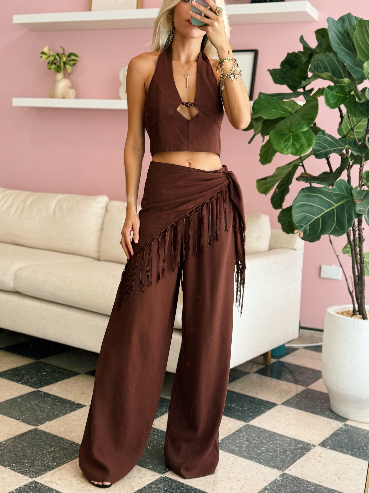 Brown Fringe Scarf Pant Set