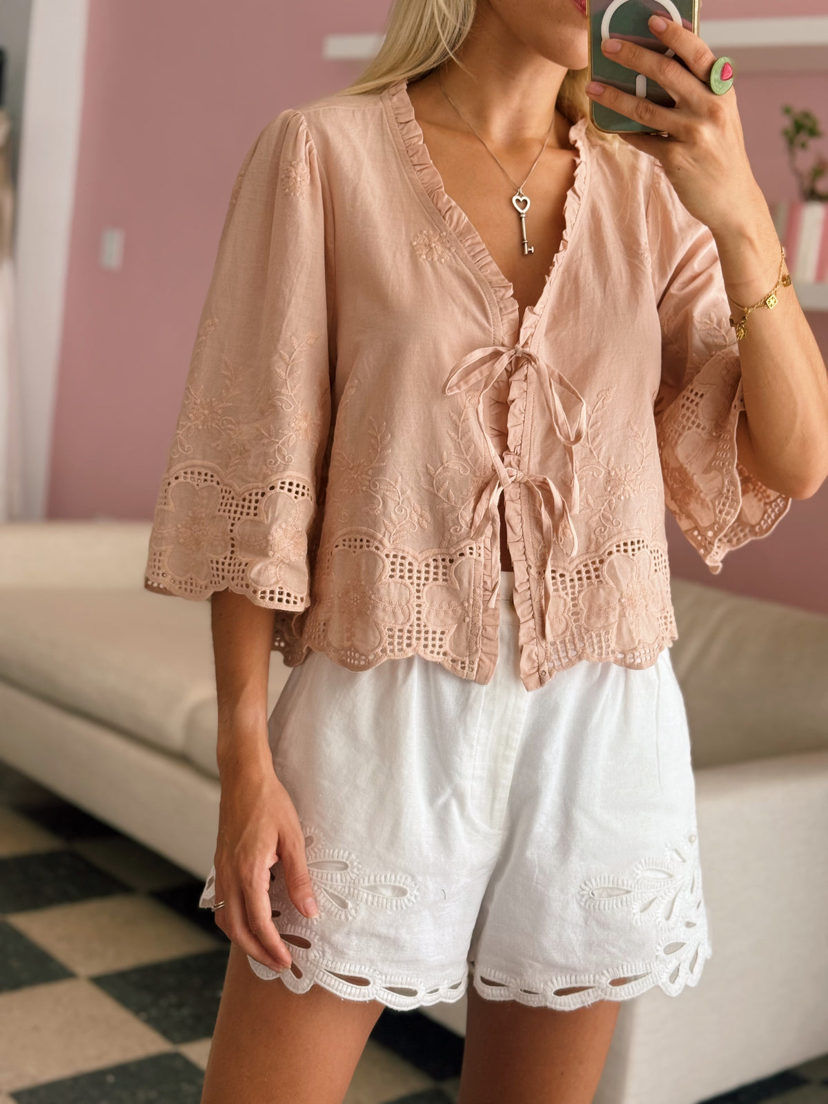Oatmeal Floral Embroidery Blouse