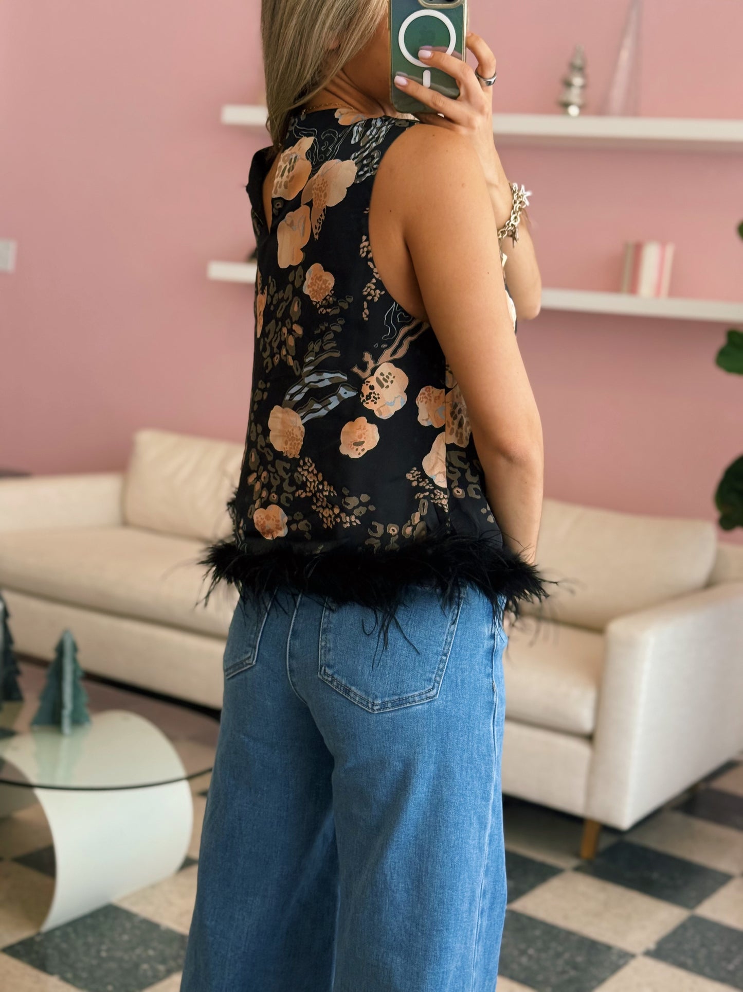 Black Floral Feather Top