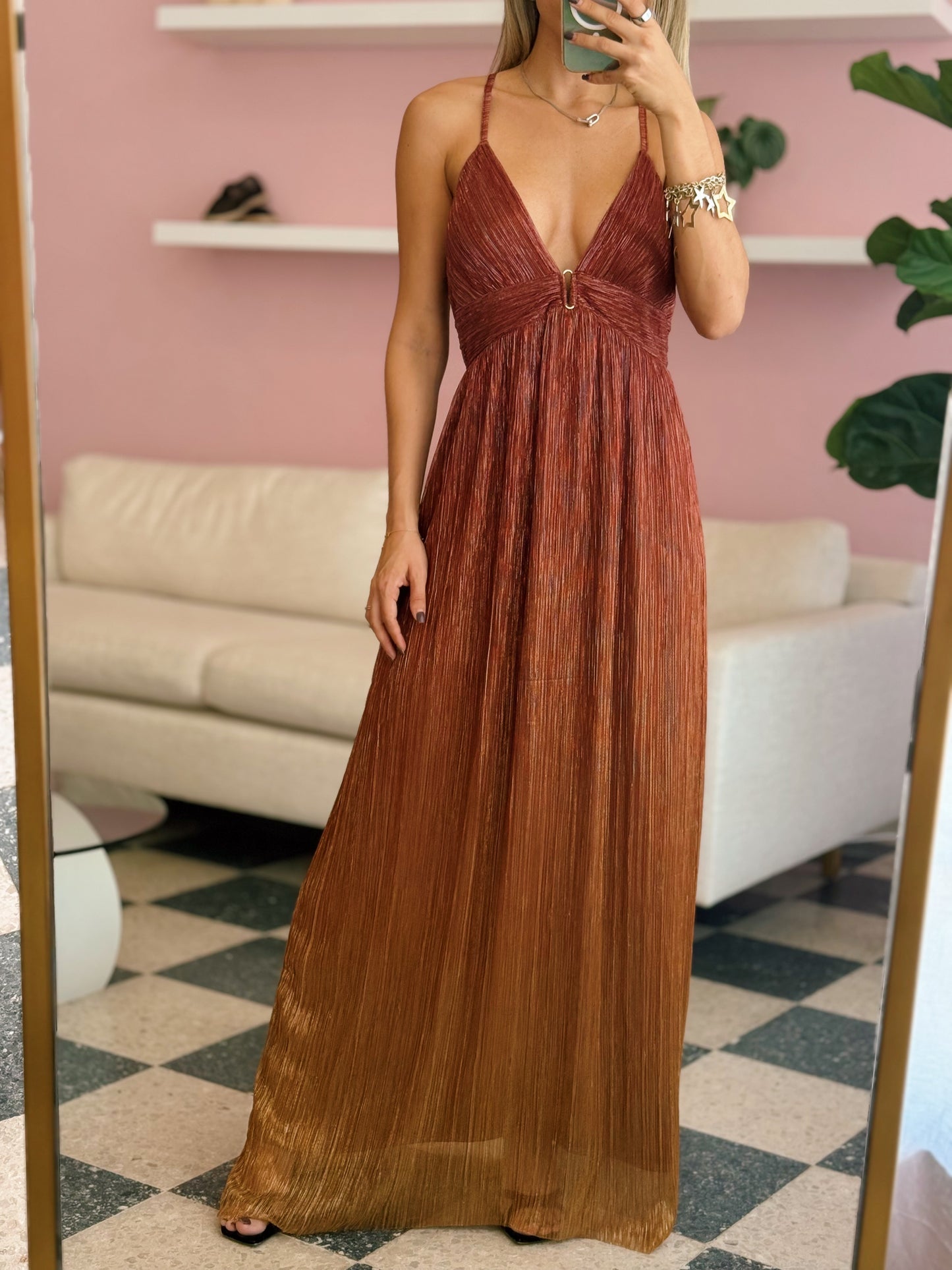 Rust Pleated Maxi Dress