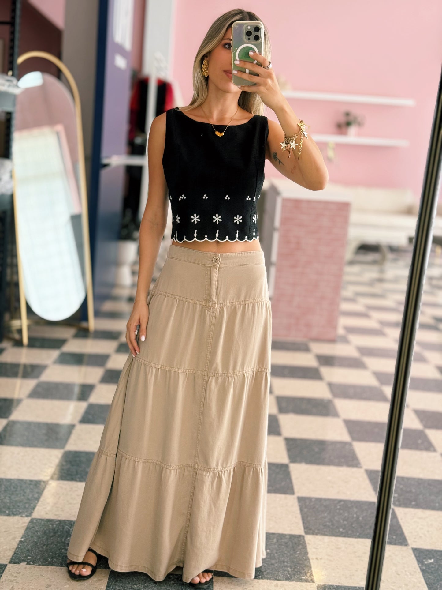 Taupe Mid Rise Maxi Skirt