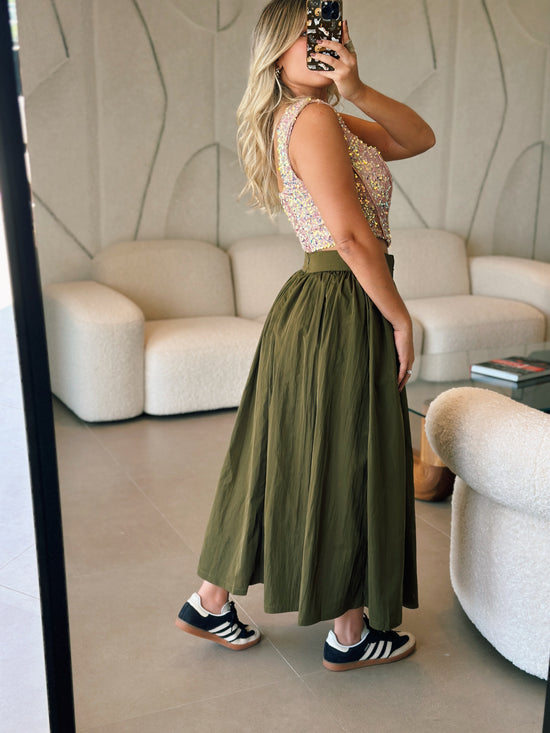 PRE ORDER (final sale/read description) Belted Olive Skirt