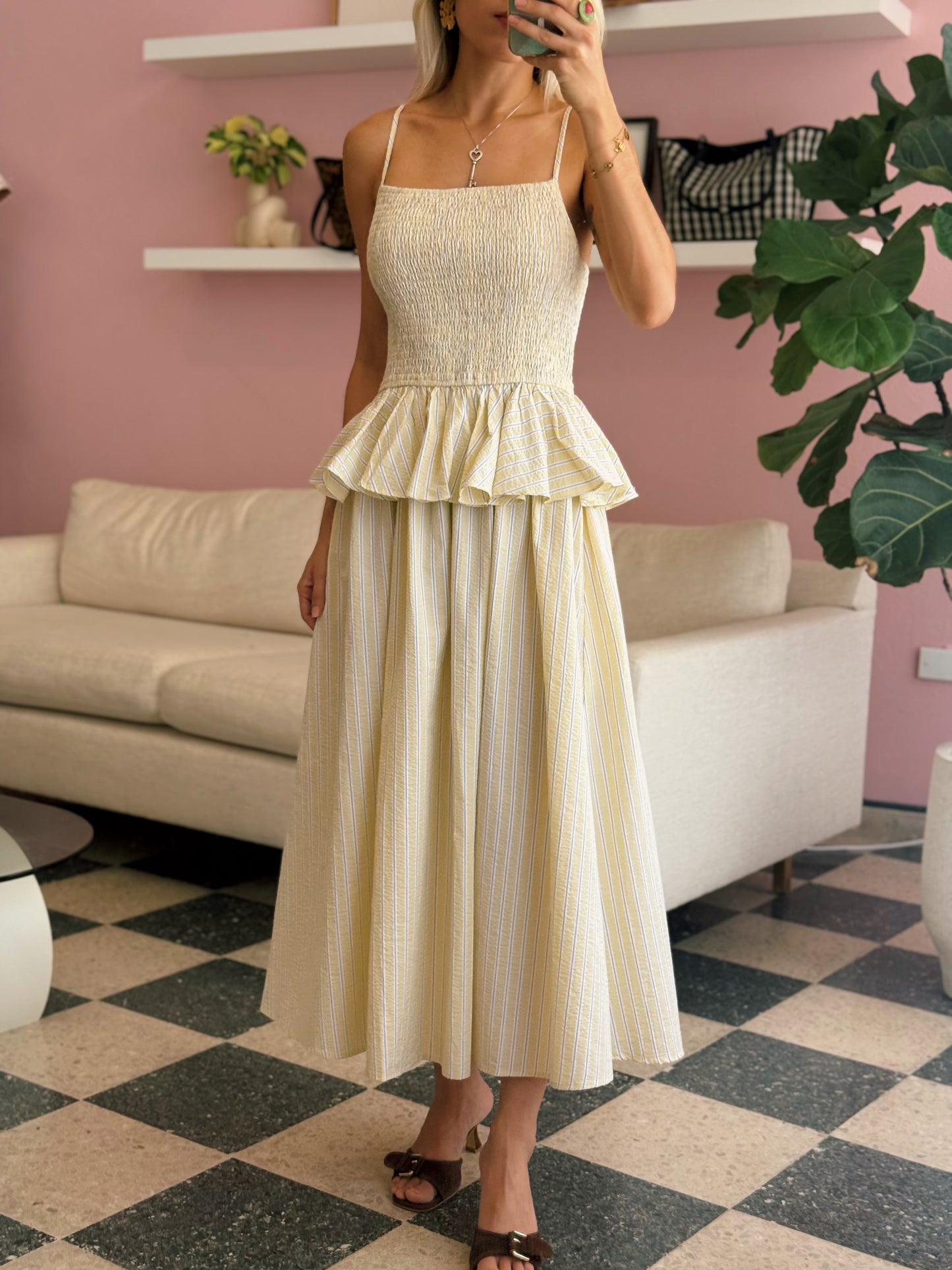 Yellow Sunbeam Stripe Smocked Midi Dress