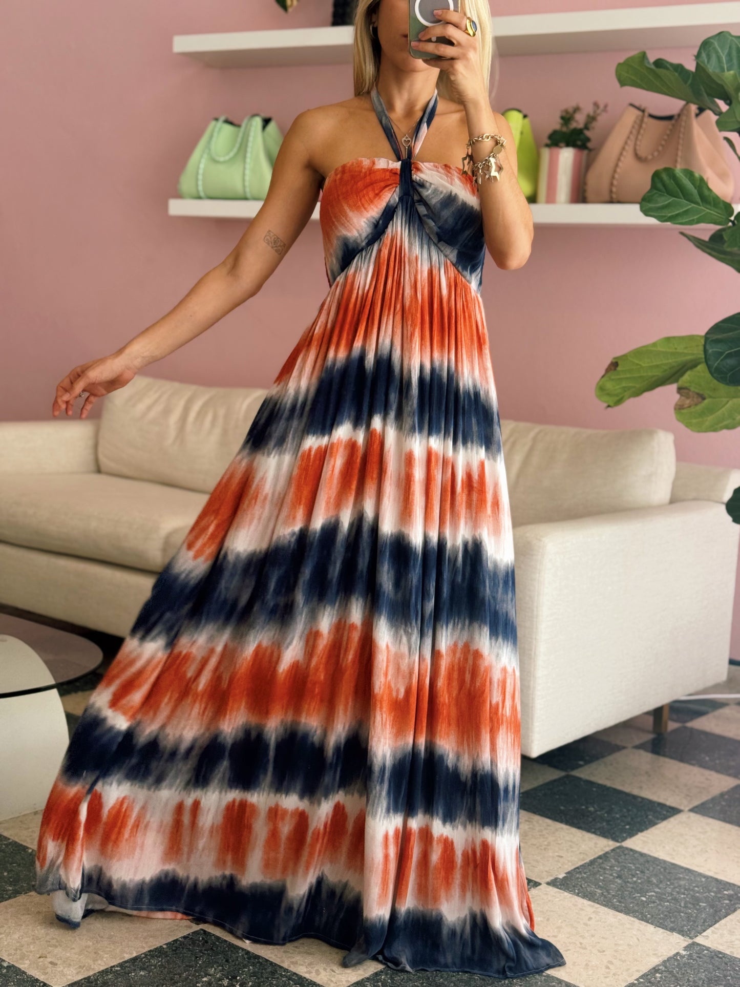Orange Blue Halter Maxi Dress