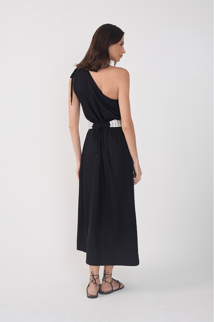 Black Embroidered Belt Dress - Dress To