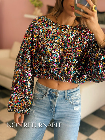 Multicolor Sequin Cropped Drawstring Top