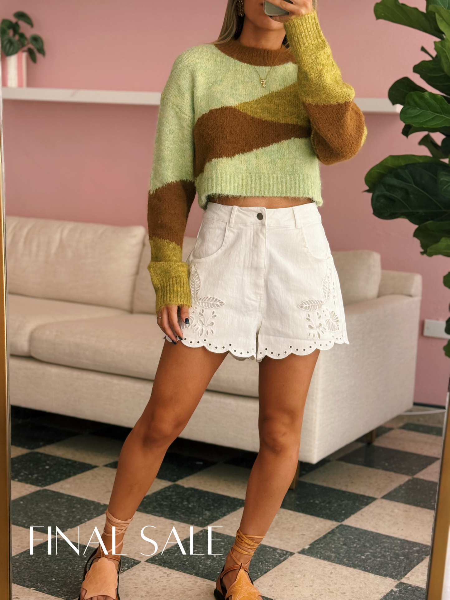 White Embroidered Scallop Shorts