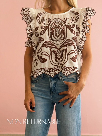 White Brown Embroidered Top