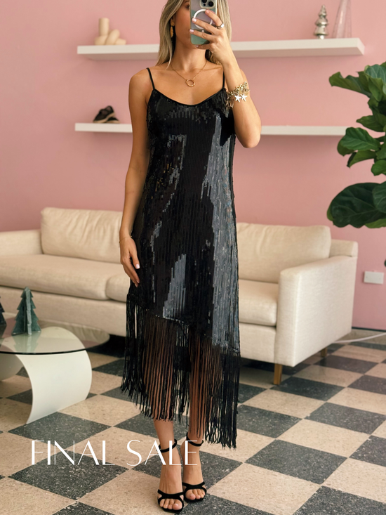 Black Sequin Fringed Dress