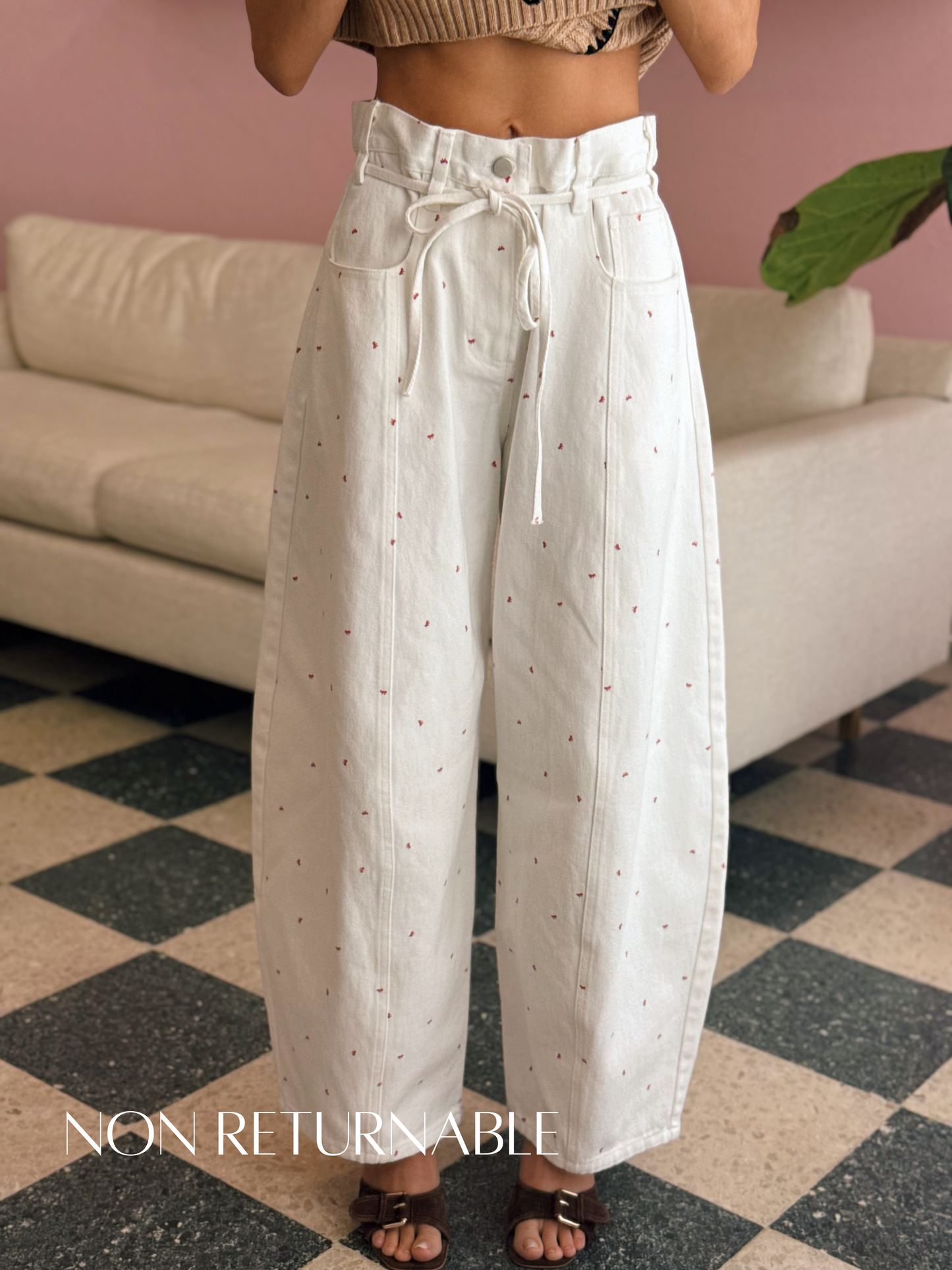 White Bow Barrel Jeans
