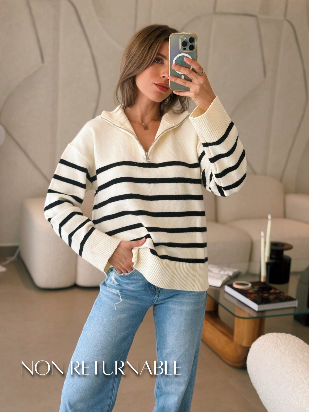 Black Striped Mock Neck Knit Sweater Top